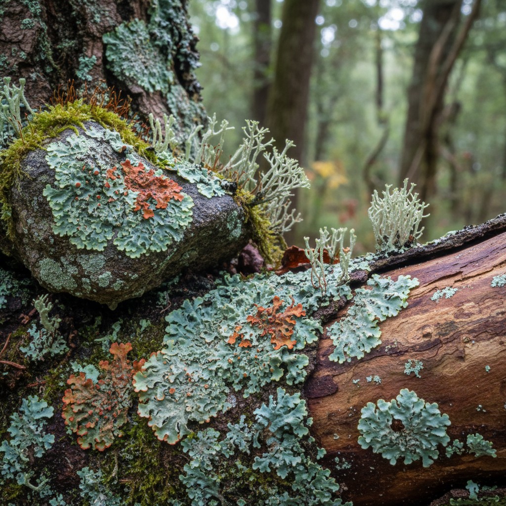 A close-up of lichen and moss growing on a tree in a forest.