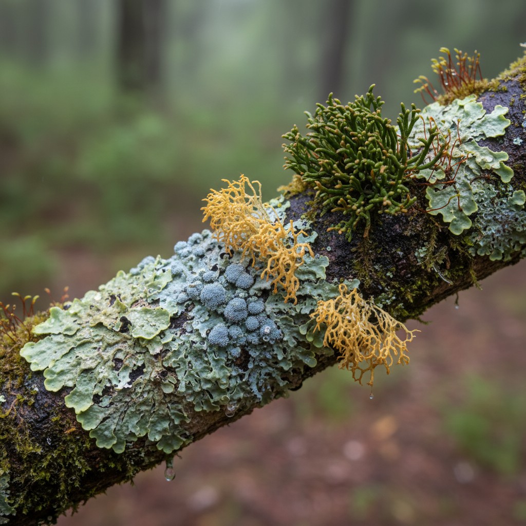 Lichen (blue/green), right lichen (orange) and moss on a tree limb with water droplets and blurred forest environment in t...